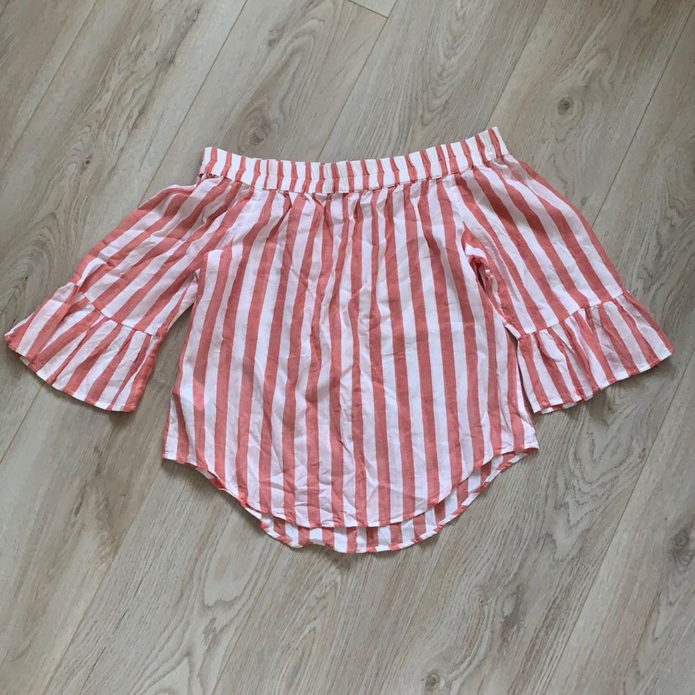 RakuRaku Drop Shoulder Red White Striped Top Sz L